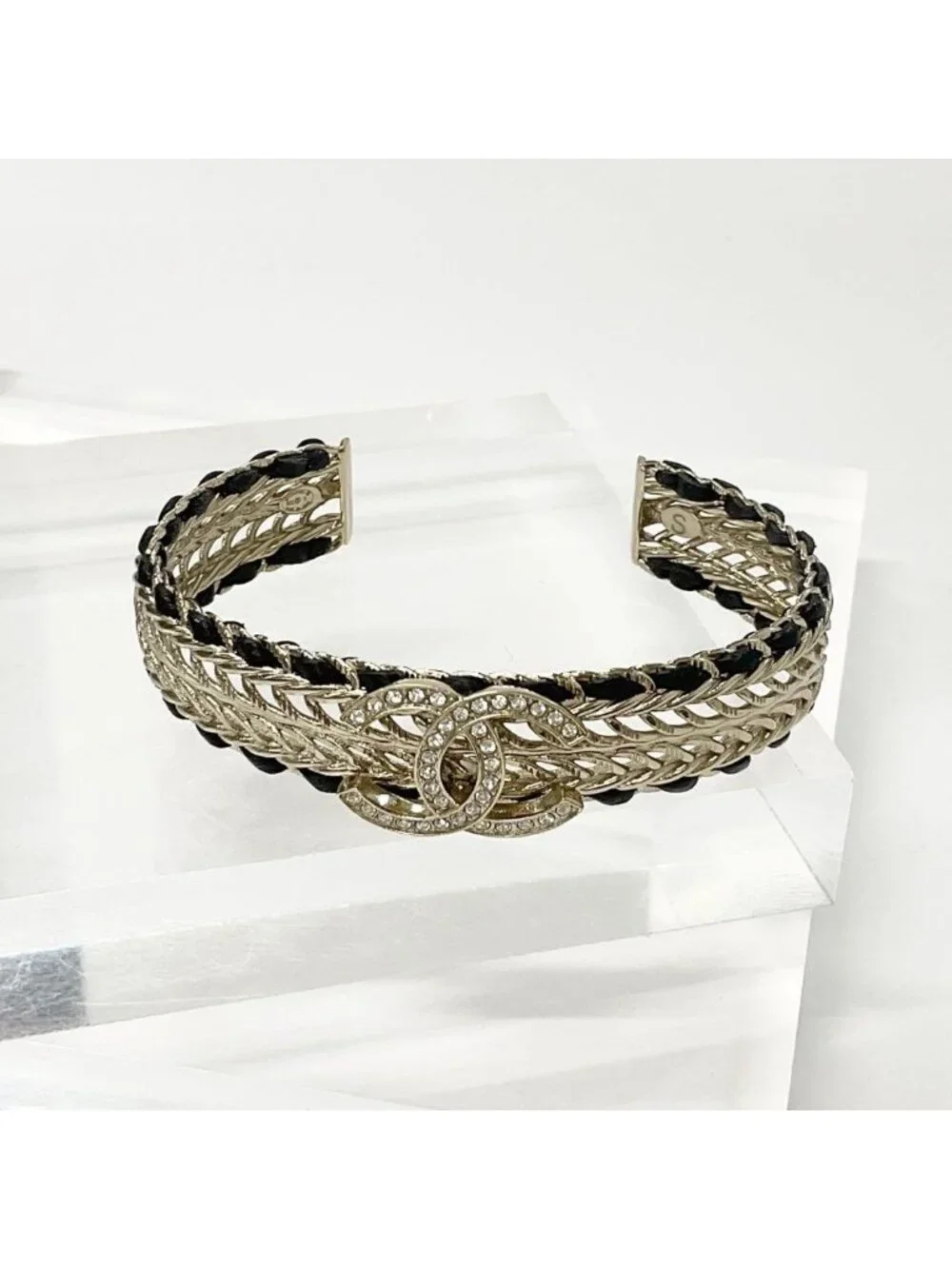 Chanel CC Logo Bangle Rhinestone Leather Bracelet Gold